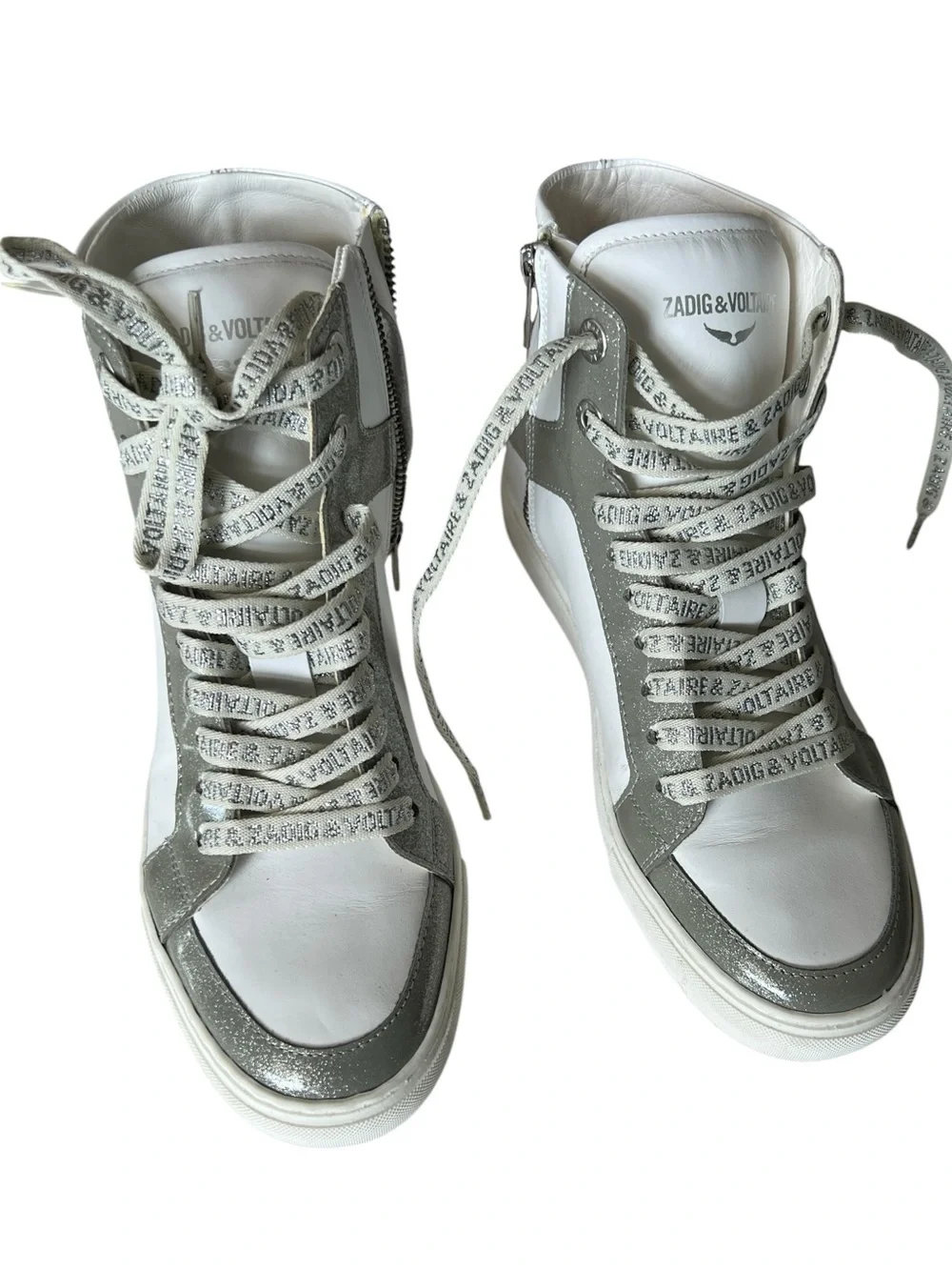 Zadig & Voltaire High Flash Infinity Leather Sneakers White Silver Glitter EU 38 - Picture 3 of 13